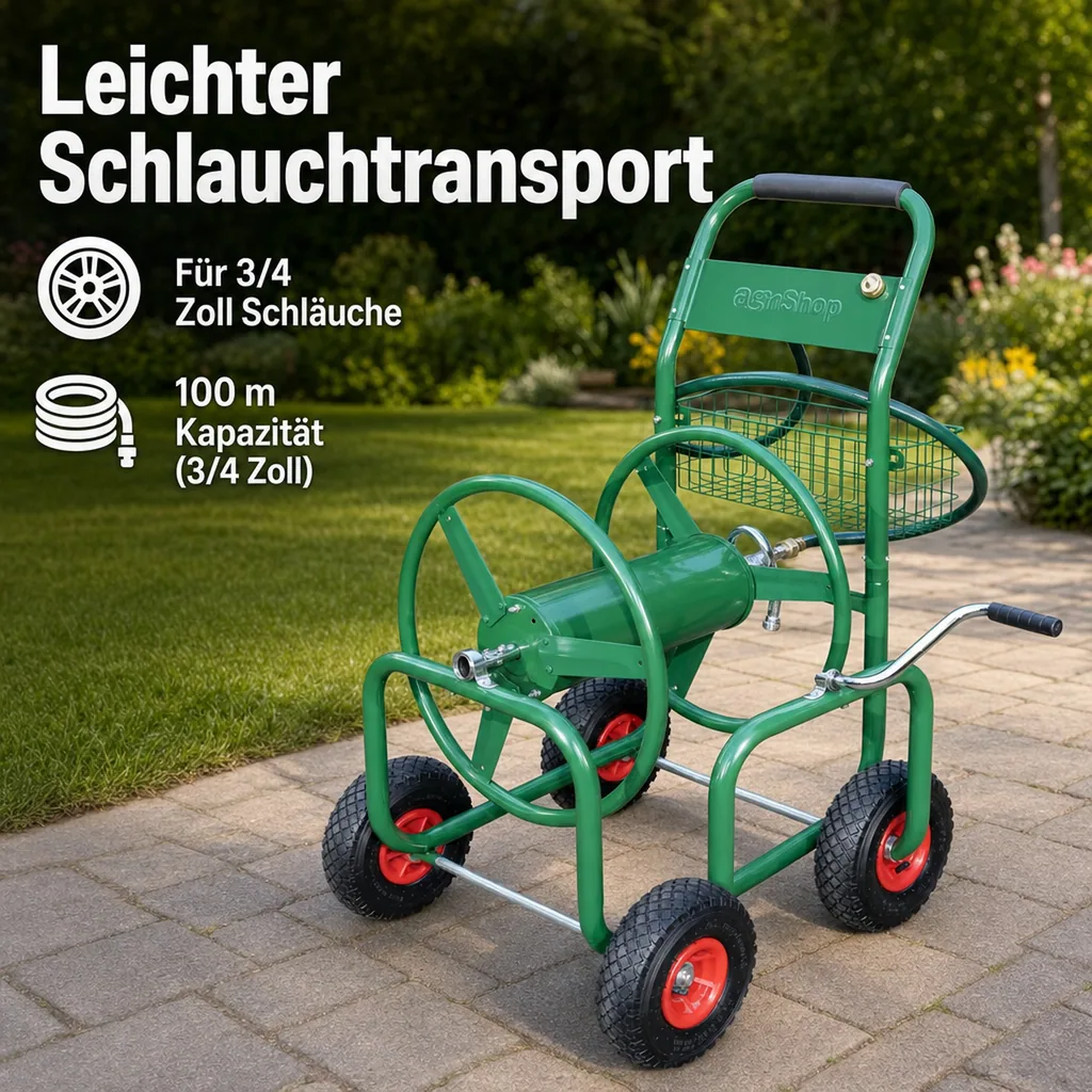 Schlauchtrommelwagen, 91 m für 1/2"-5/8" Schlauch, inklusive Ablagekorb