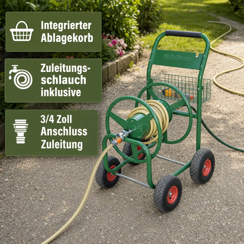 Schlauchtrommelwagen, 91 m für 1/2"-5/8" Schlauch, inklusive Ablagekorb