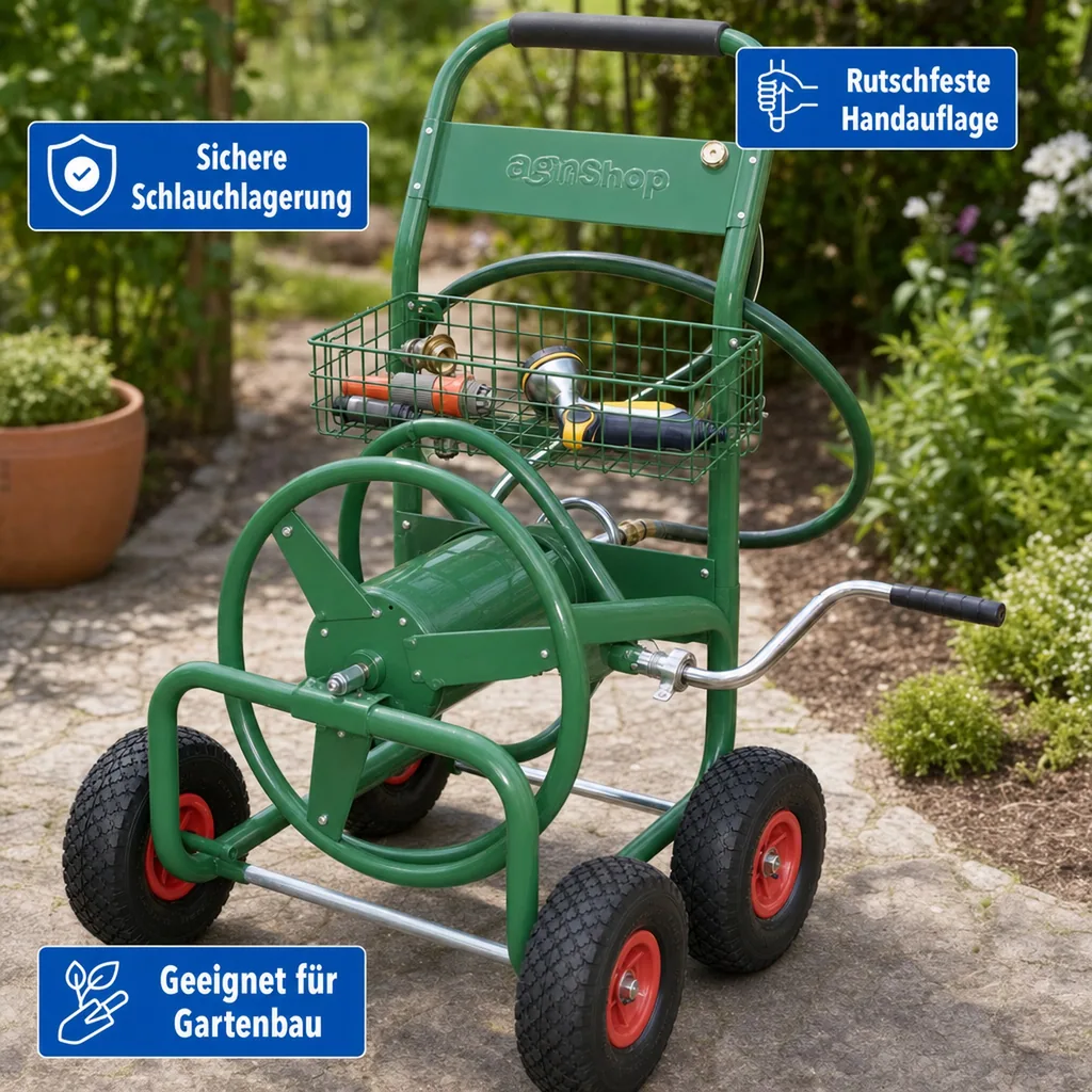 Schlauchtrommelwagen, 91 m für 1/2"-5/8" Schlauch, inklusive Ablagekorb