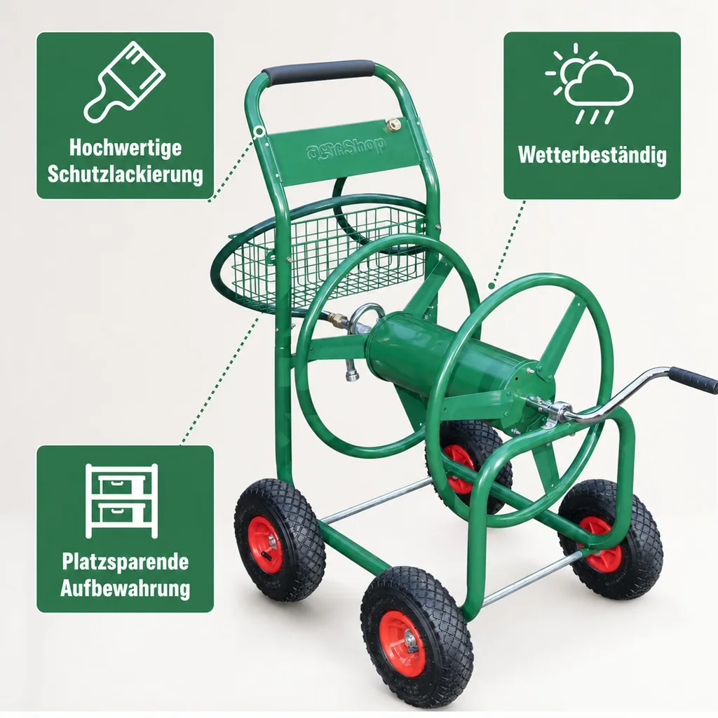 Schlauchtrommelwagen, 91 m für 1/2"-5/8" Schlauch, inklusive Ablagekorb