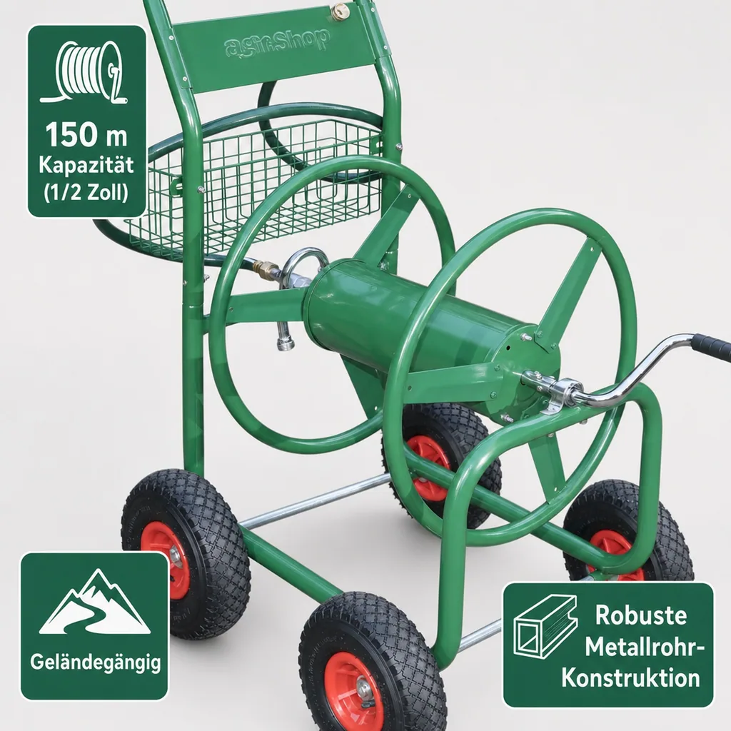 Schlauchtrommelwagen, 91 m für 1/2"-5/8" Schlauch, inklusive Ablagekorb