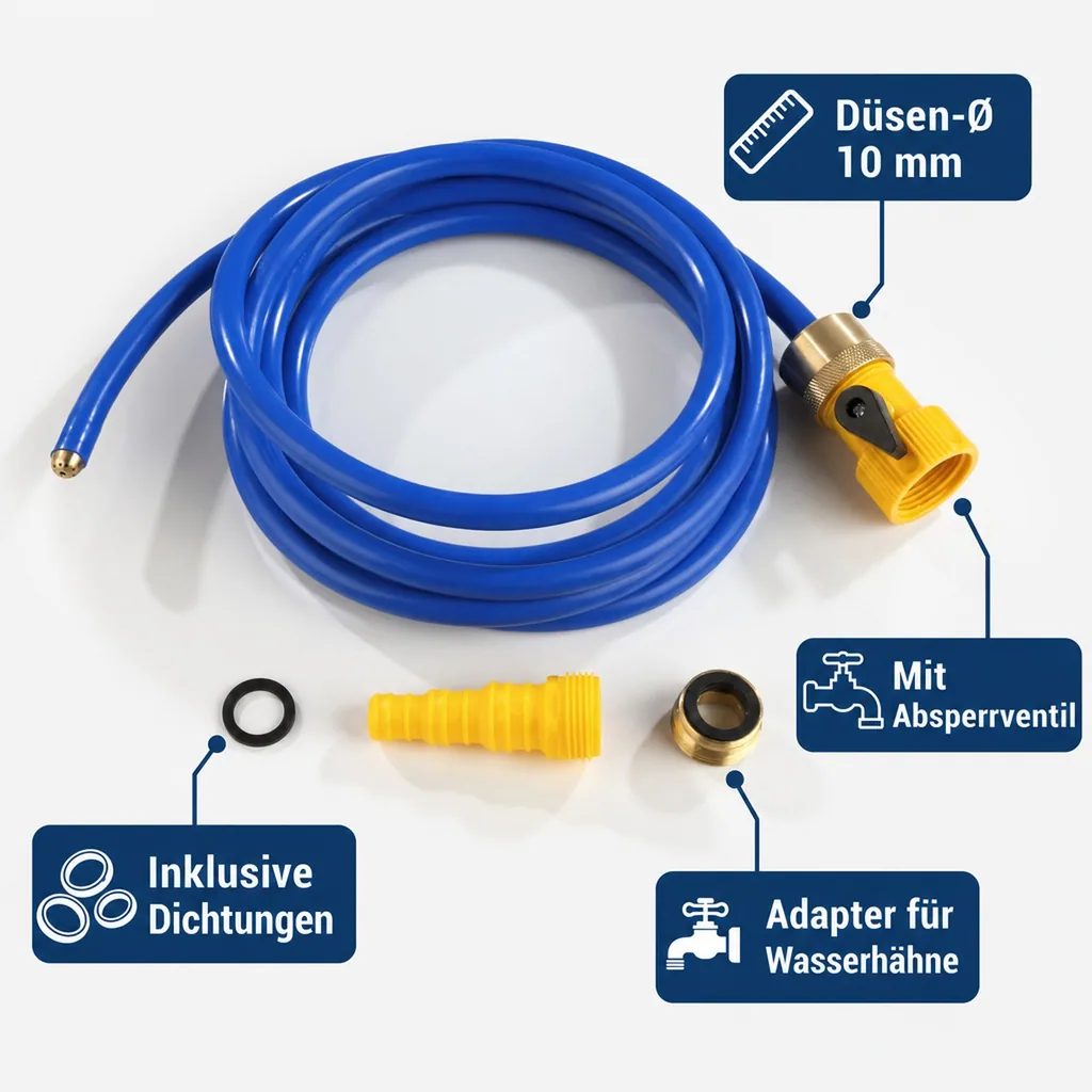 Rohrfrei-Schlauch „Rohrfrei-Power“, mit Düse, 2,5 m, Blau/Gelb