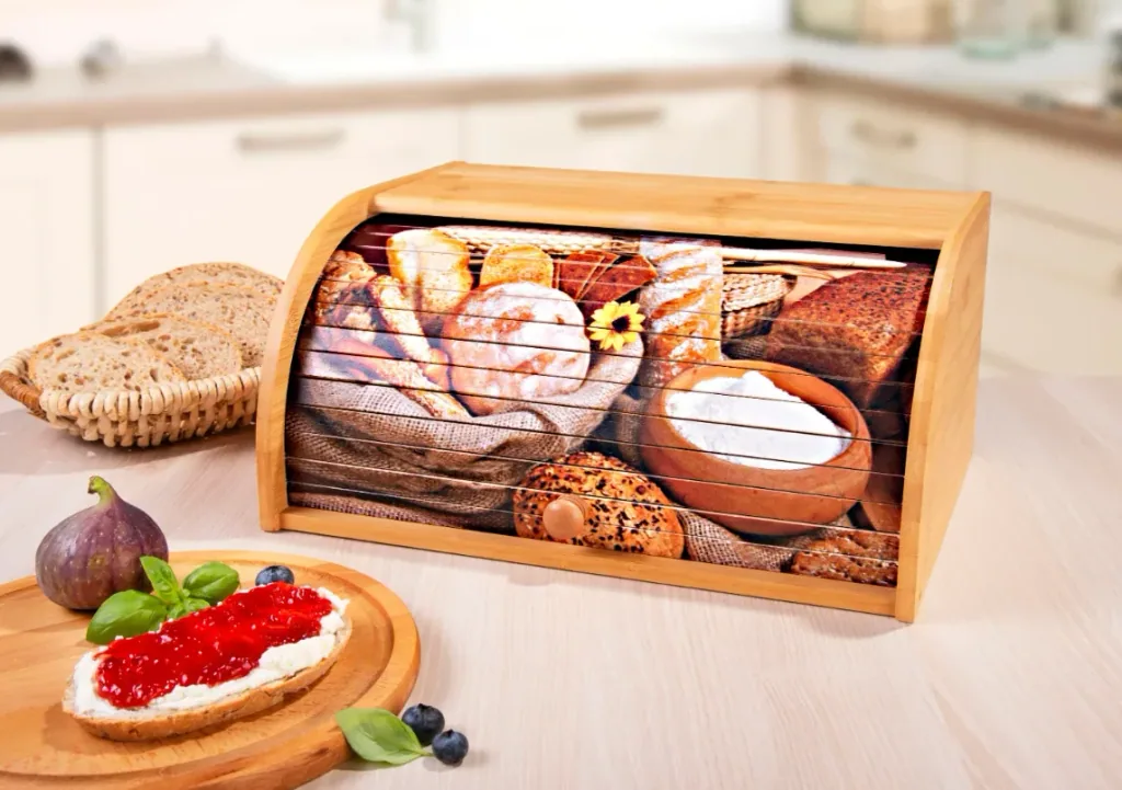 Bambus Brotkasten mit Rolldeckel (Motiv: Brotauswahl)