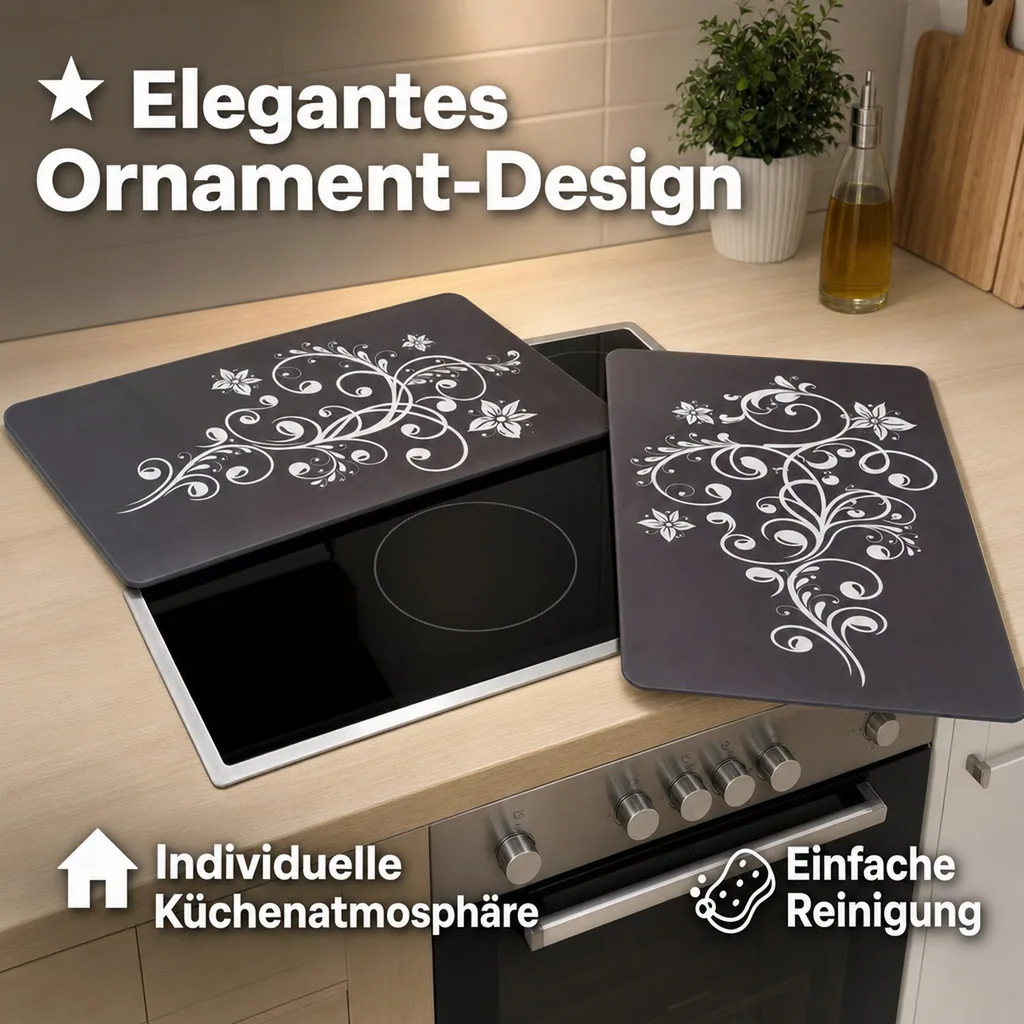 3 in 1 Herd-Abdeckplatten, Schneidbretter, „Nero“, aus Glaskeramik, Ornament-Design, 52 x 30 cm, 2er-Set