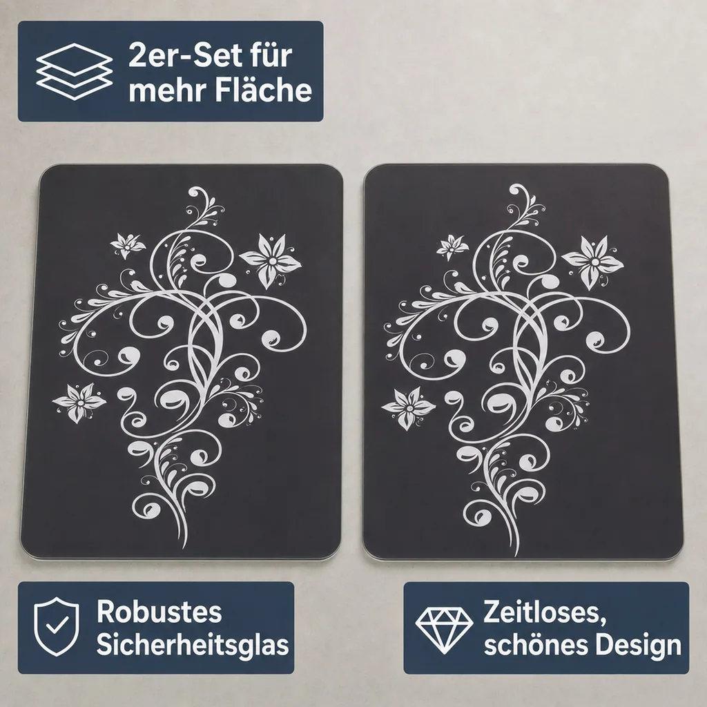 3 in 1 Herd-Abdeckplatten, Schneidbretter, „Nero“, aus Glaskeramik, Ornament-Design, 52 x 30 cm, 2er-Set