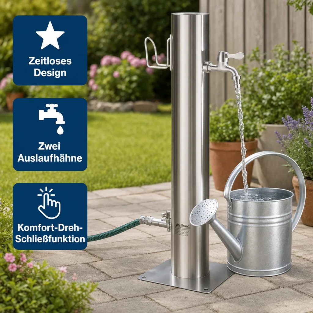 Wasserzapfsäule, inklusive Schlauchhalter + 2 Auslaufhähne, Edelstahl