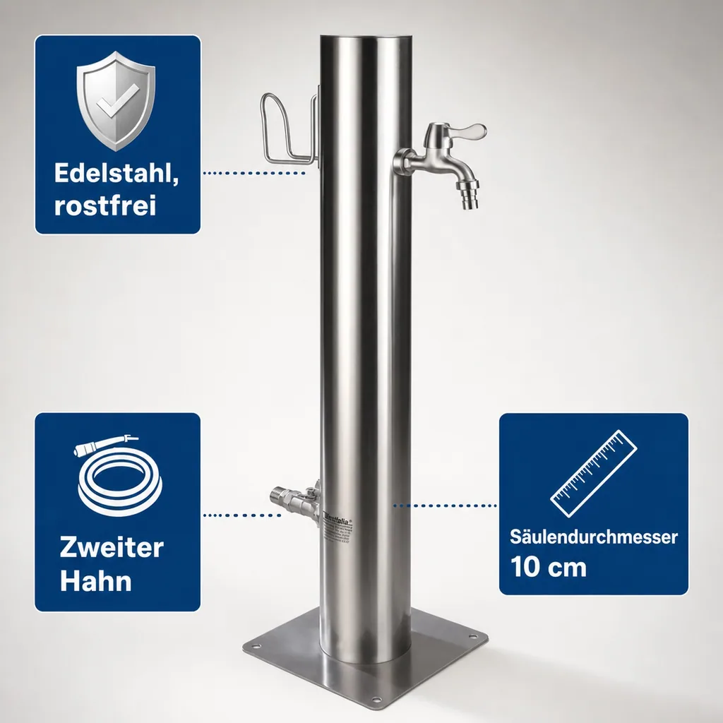 Wasserzapfsäule, inklusive Schlauchhalter + 2 Auslaufhähne, Edelstahl