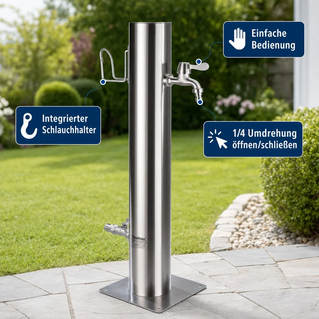 Wasserzapfsäule, inklusive Schlauchhalter + 2 Auslaufhähne, Edelstahl