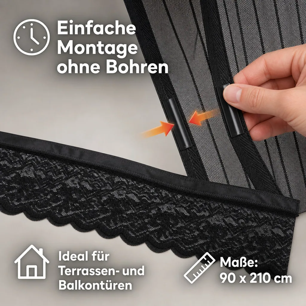 Moskitonetz Magic Klick 90 x 210 cm  für Türen, schwarz mit Magnetverschluss