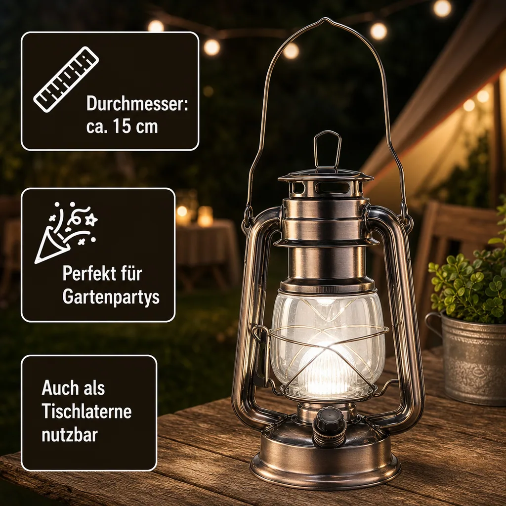 Sturmlaterne aus bronzefarbenem Metall, mit 14 dimmbaren, warmweißen LEDs