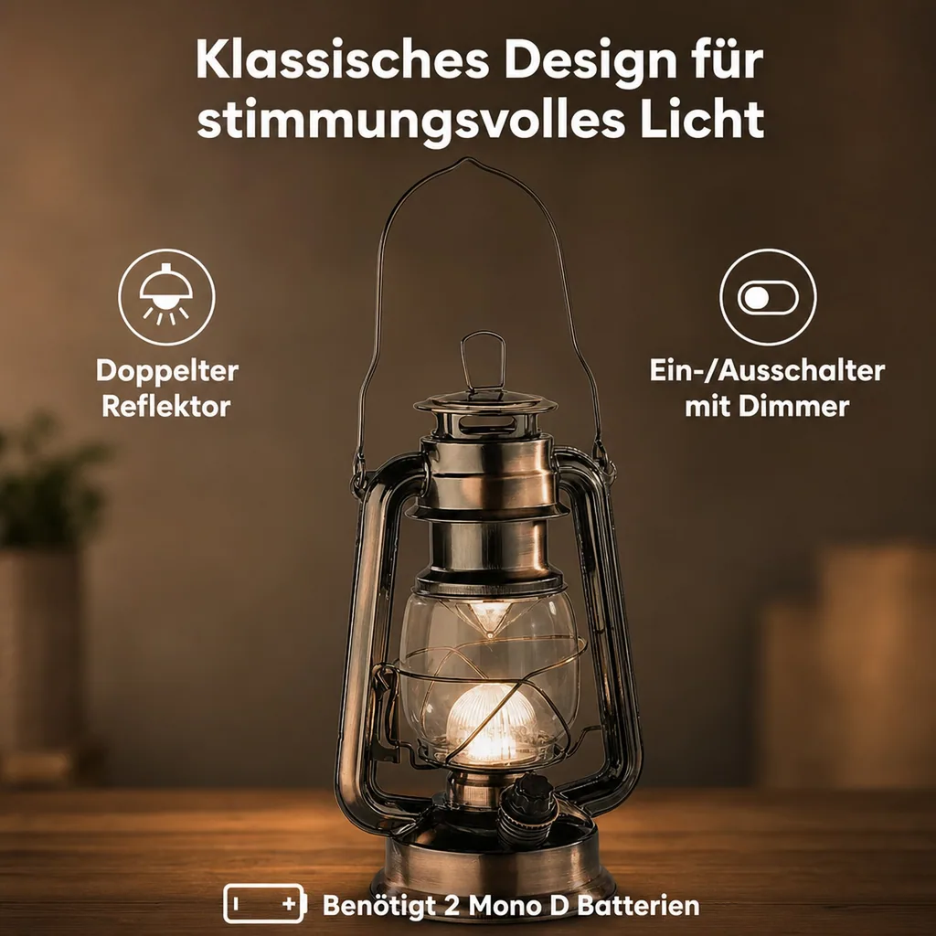 Sturmlaterne aus bronzefarbenem Metall, mit 14 dimmbaren, warmweißen LEDs