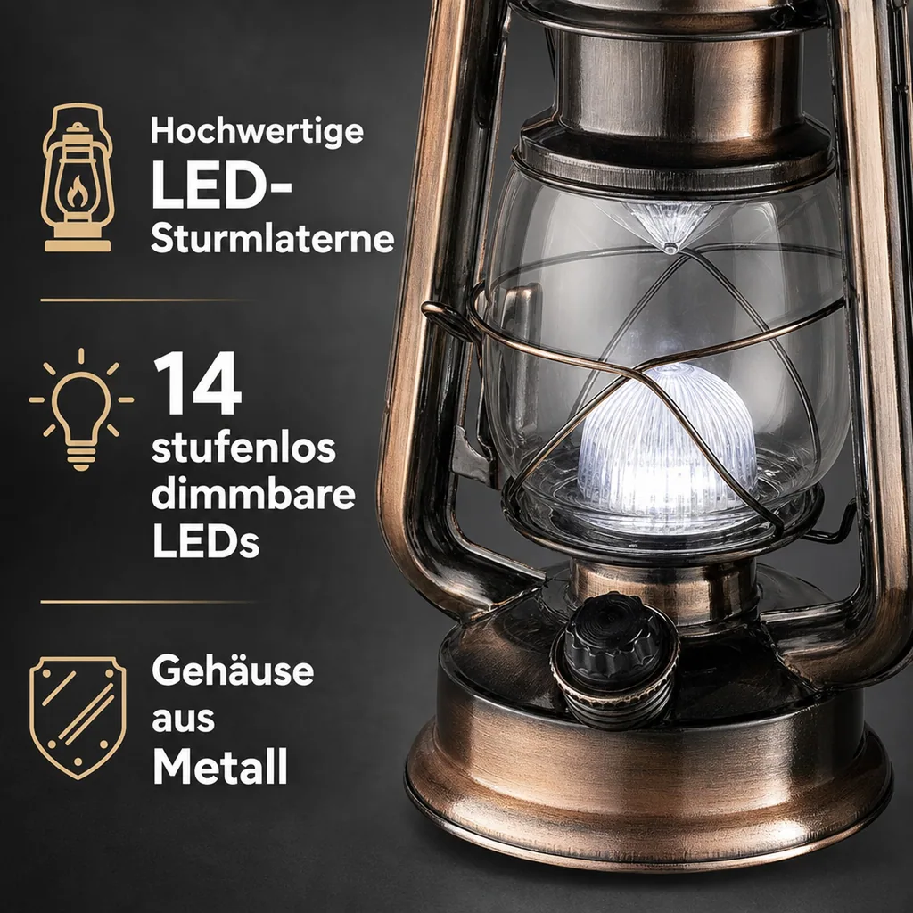 Sturmlaterne aus bronzefarbenem Metall, mit 14 dimmbaren, warmweißen LEDs