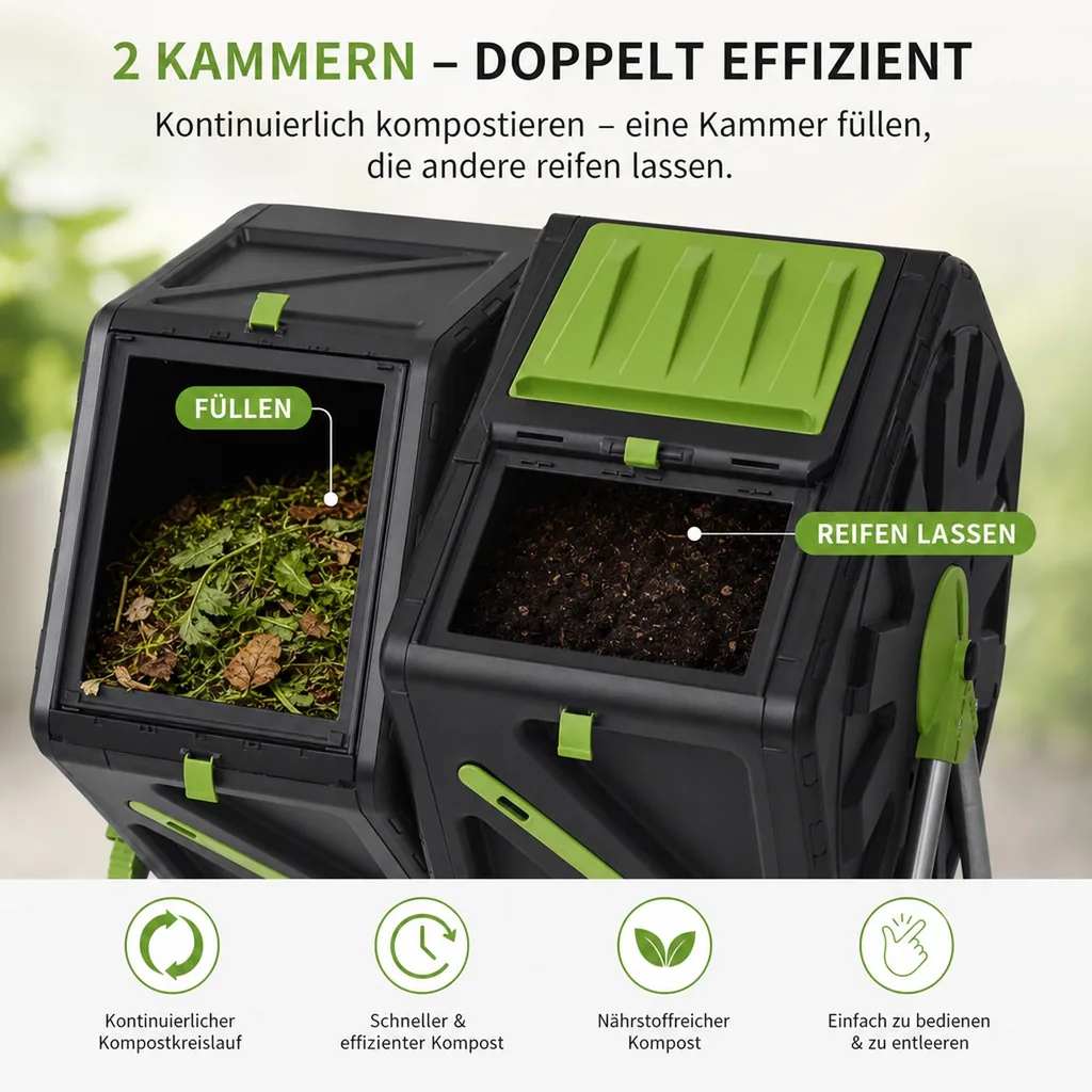 Trommel-Komposter, 2 Kammern, je 70 Liter