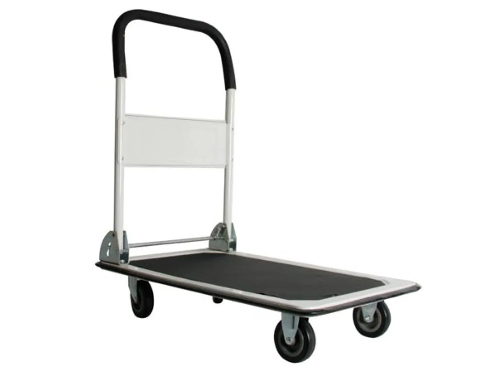 Klappbarer Stahl-Plattformwagen schwarz, Tragfähigkeit 150 kg, mit rutschfester Plattform 74x48 cm, 4 Gummirädern und Softgriff, ideal als Transportwagen für Zuhause, Büro, Lager und Umzug