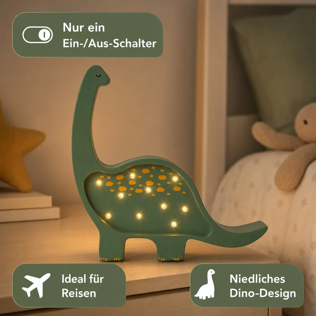 Little Lights Nachtlicht Kinder, Nachtlampe Mini-Dinosaurier - 100% Kiefernholz natur, Farbe: Militärgrün