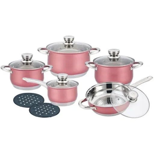 Herenthal - Komplettes 12-teiliges Kochgeschirr-Set - Edelstahl - Pink