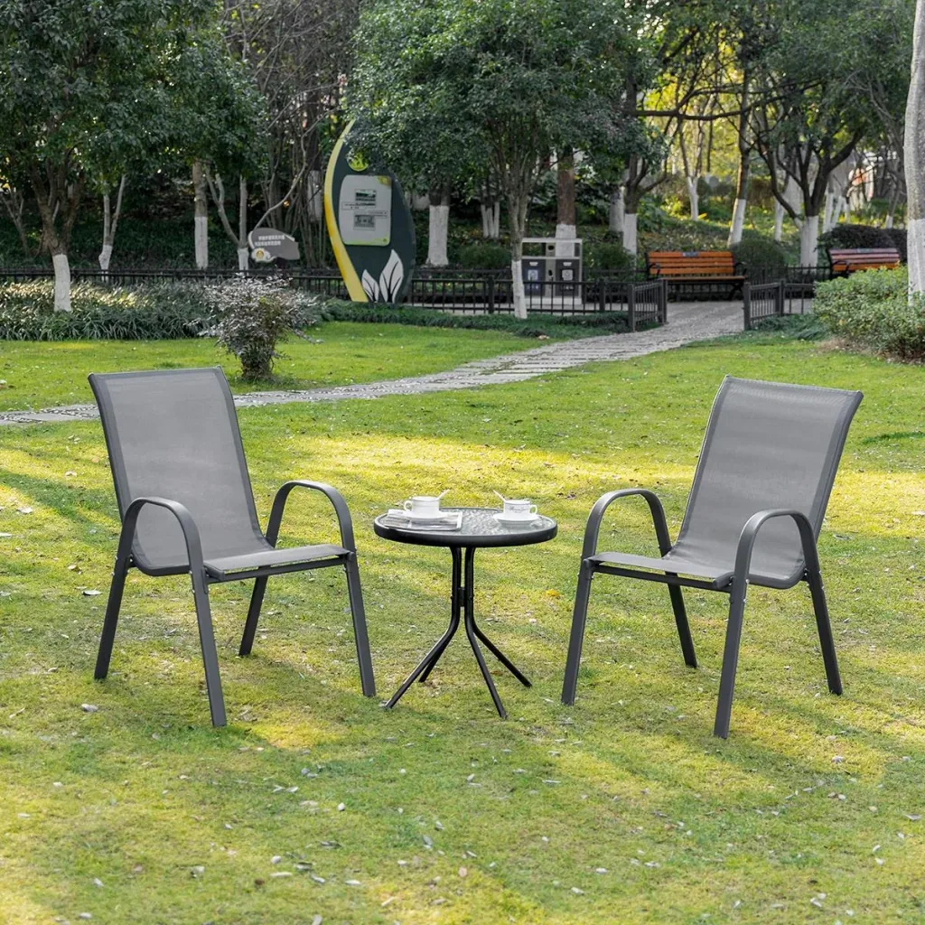 2er Set Gartenstuhl Stapelstuhl mit Armlehne Essstühle Garten Metall Mesh-Gewebe Grau 70 x 54 x 90 cm