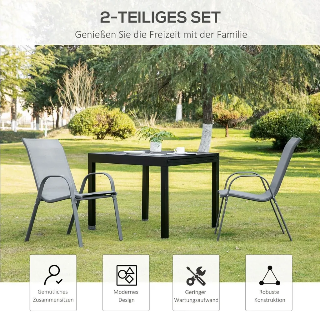 2er Set Gartenstuhl Stapelstuhl mit Armlehne Essstühle Garten Metall Mesh-Gewebe Grau 70 x 54 x 90 cm