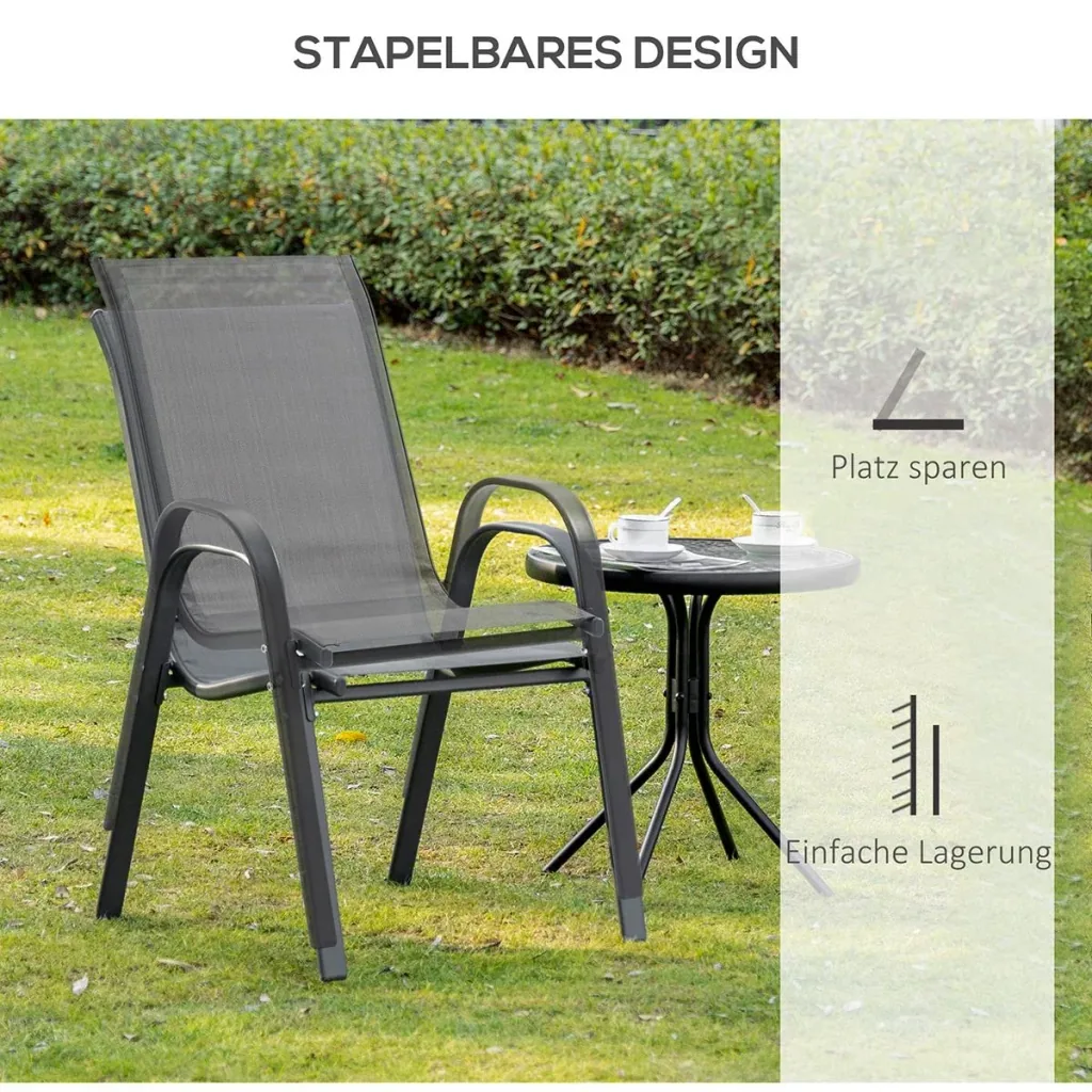 2er Set Gartenstuhl Stapelstuhl mit Armlehne Essstühle Garten Metall Mesh-Gewebe Grau 70 x 54 x 90 cm