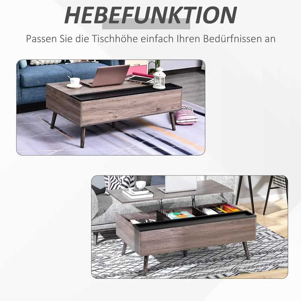 Couchtisch Wohnzimmertisch Kaffeetisch mit Höhenverstellbarer Platte Sofatisch Spanplatte Grau 110 x 66 x 43-56 cm