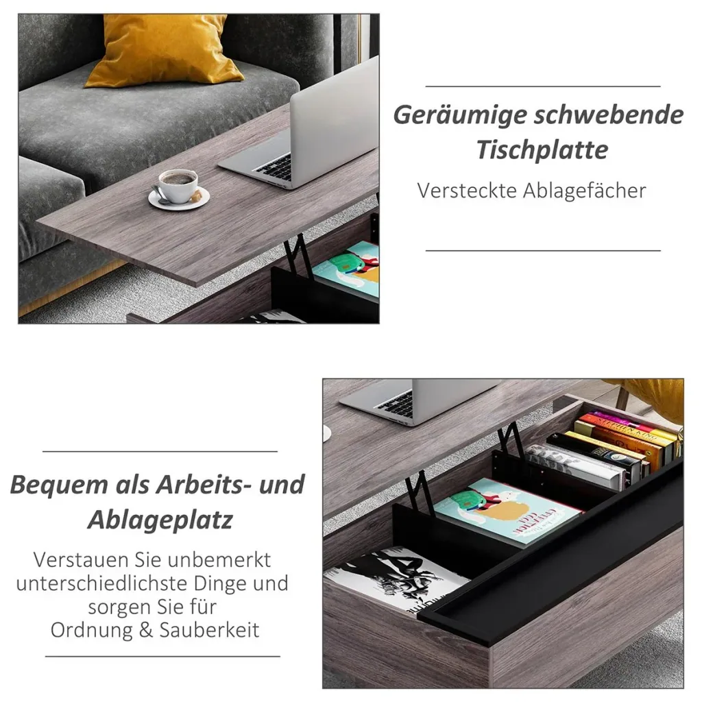 Couchtisch Wohnzimmertisch Kaffeetisch mit Höhenverstellbarer Platte Sofatisch Spanplatte Grau 110 x 66 x 43-56 cm