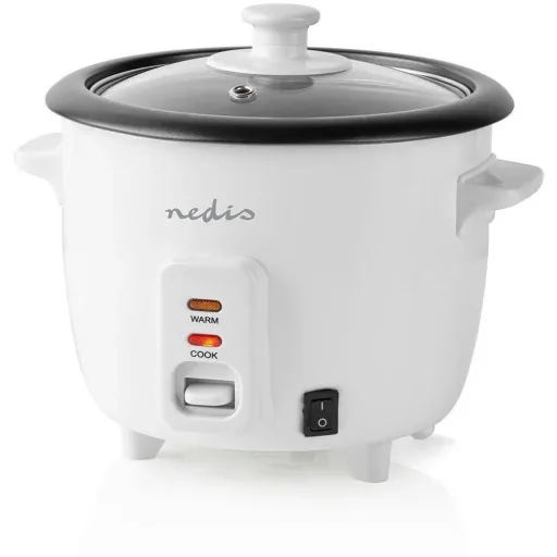 Nedis Reiskocher Abnehmbare Pfanne 0,6L Dämpfkorb Glasdeckel Inkl. Messbecher und Schöpfkelle 300W Weiß