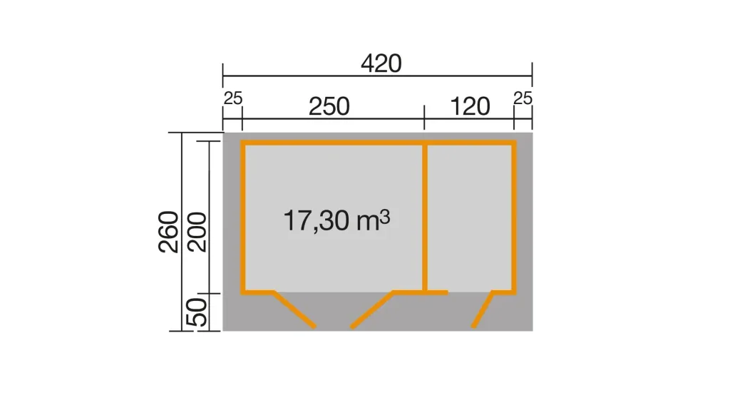 Gartenhaus 253 Gr.1 420 x 260 x 270 cm hellgrau, 28 mm, Doppeltür, mit 2. Raum Einzeltür