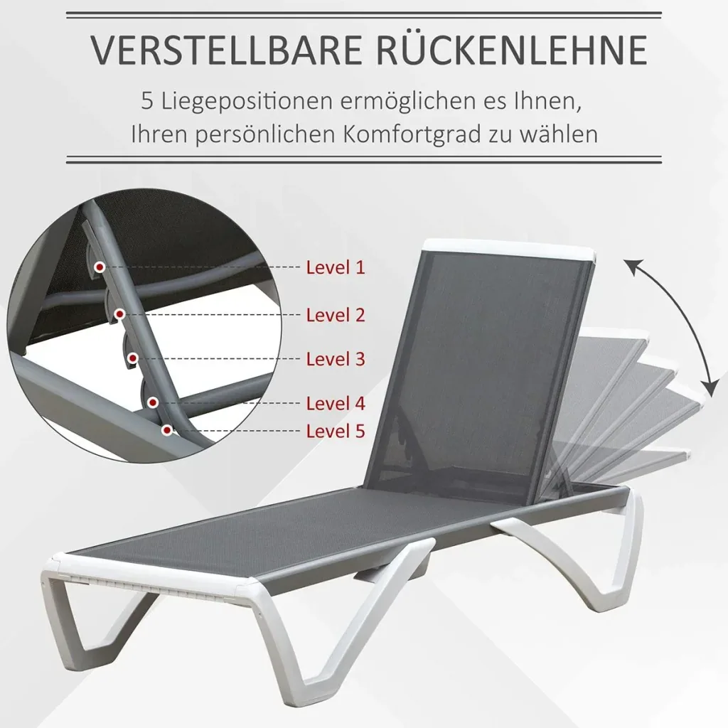 Gartenliege Alu Sonnenliege Stoffliege Relaxliege 5-fach verstellbar ergonomisch Texteline Grau+Weiß 170 x 67,5 x 95 cm