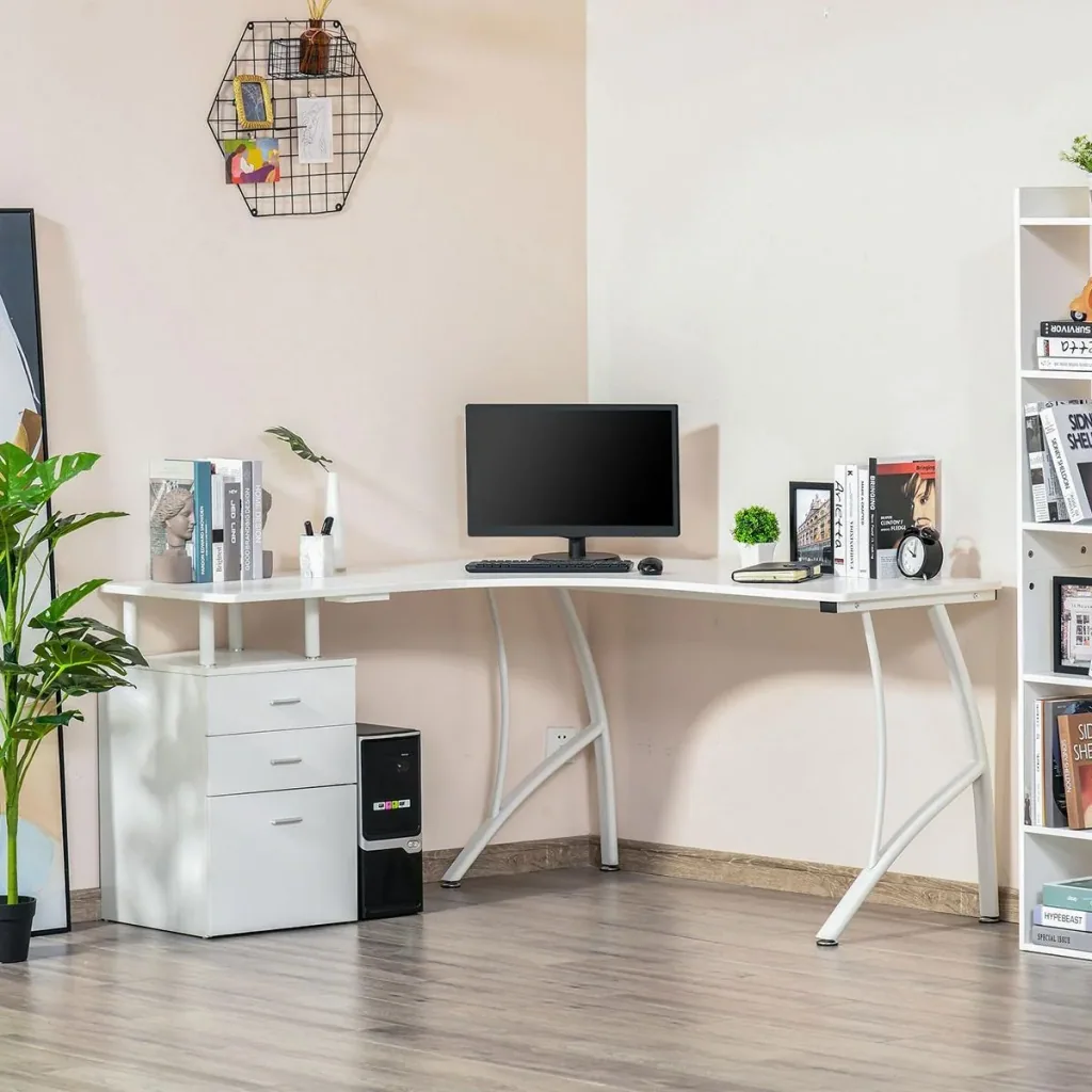 L-förmiger Schreibtisch mit Schubladen aus der Material MDF Metall Home-Office-Ecke Arbeitsplatz Industriestil, Weiß 143