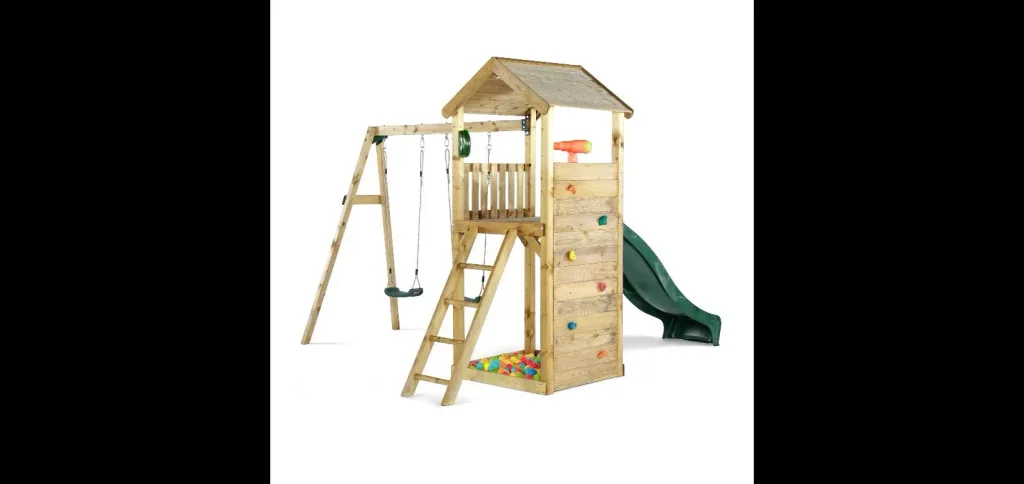 Holz Aussichtsturm mit Doppelschaukel, Outdoor-Spielturm, Kletterwand, Rutsche, Sandkasten, Kreidetafel, natur