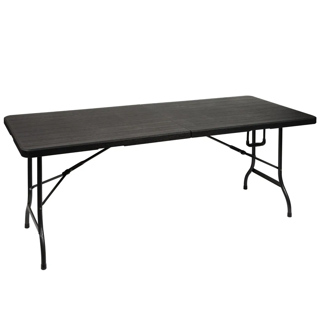 Klapptisch, Buffet-Tisch, Campingtisch, Picknicktisch, schwarze Holzoptik, klappbar tragbar mit Griff, HDPE-Platte und Stahlgestell 180 x 75 x 72 cm, für Innen- und Außenbereich