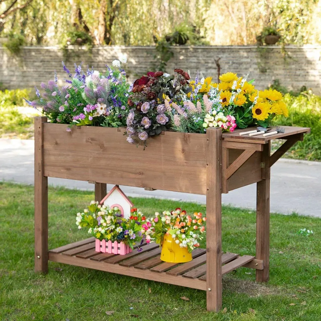 Hochbeet Pflanzkasten mit 8 geteilten Gittern faltbare Ablage Blumenkasten Blumentopf Kräuterbeet Massivholz Braun 123 x