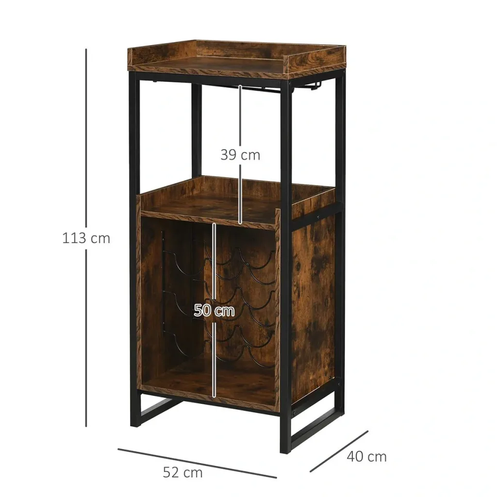 Weinregal 9 Flaschen-Weinschrank Flaschenregal mit 2 offenen Regalen und Glashalter Schwarz+Braun 52 x 40 x 113 cm