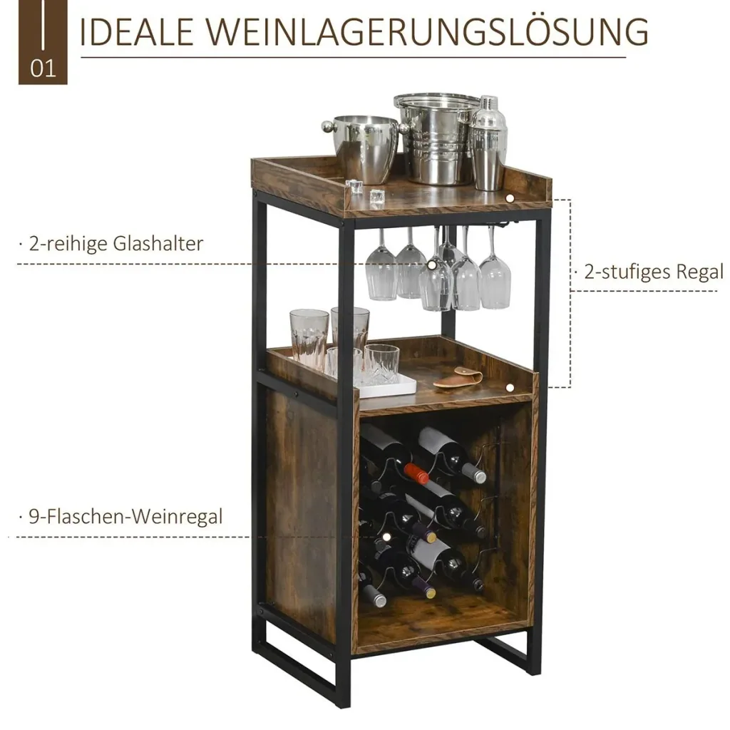 Weinregal 9 Flaschen-Weinschrank Flaschenregal mit 2 offenen Regalen und Glashalter Schwarz+Braun 52 x 40 x 113 cm