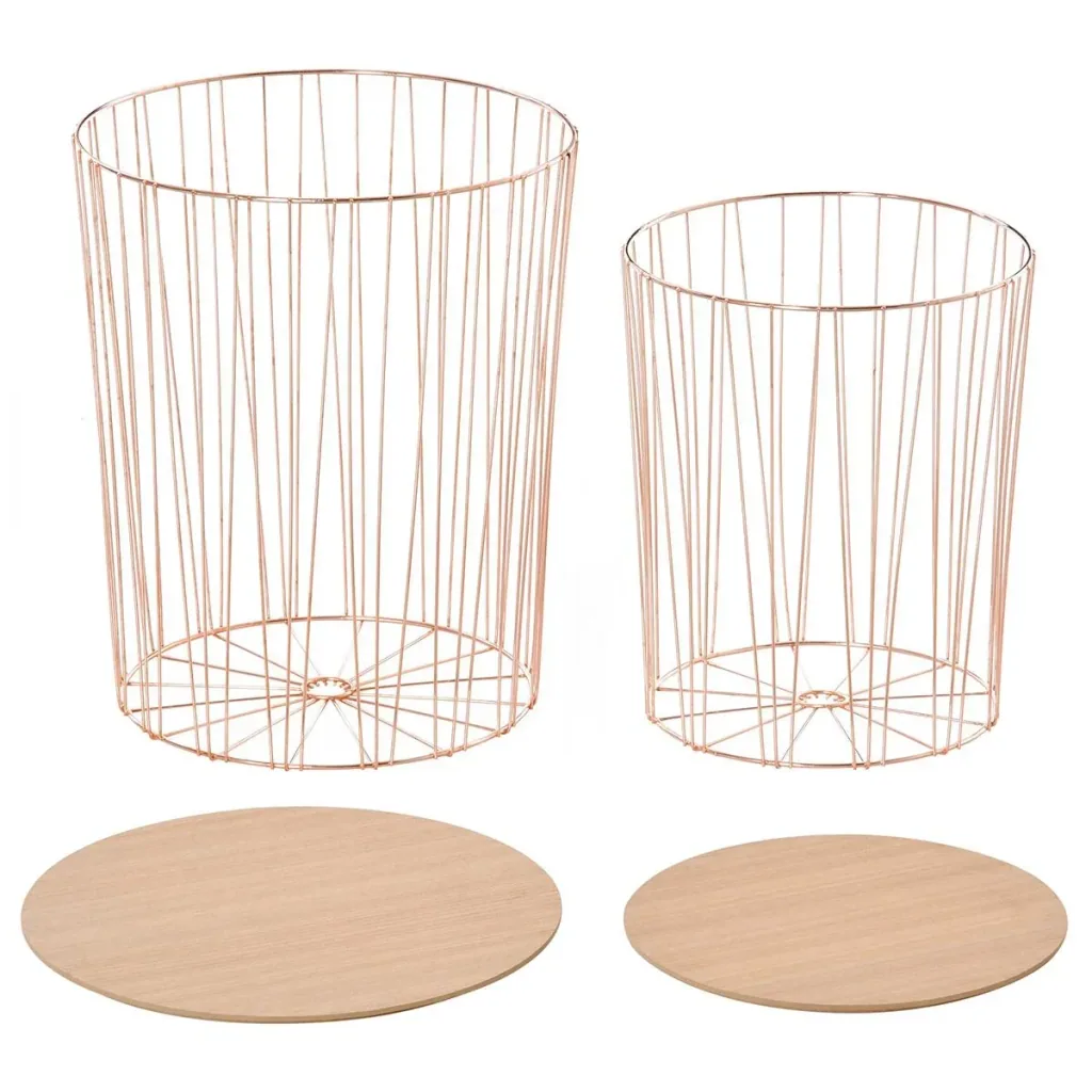 Beistelltisch mit Stauraum 2er Set Metall Korb mit Holzdeckel Nachttisch Natur+Rosa Gold Ø40,7 x 49,5 cm Ø33,8 x 40,8 c