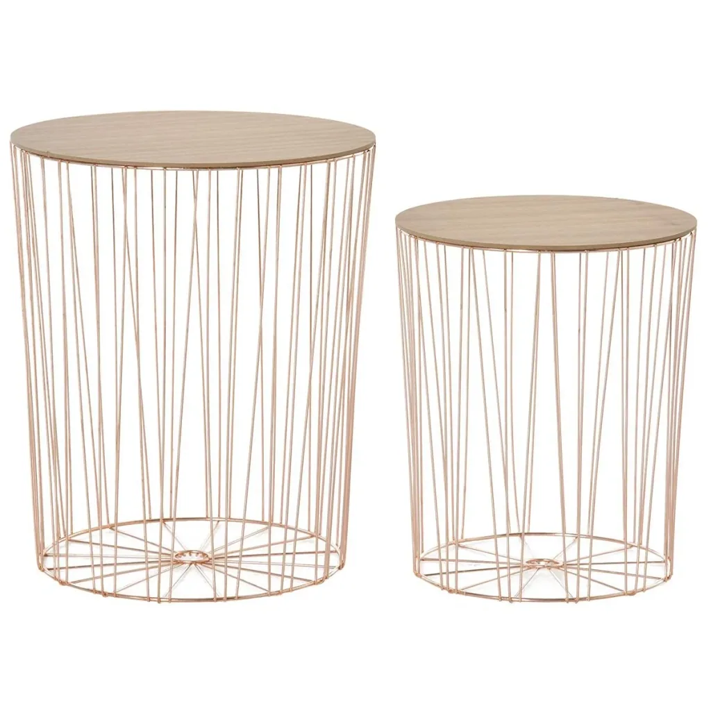 Beistelltisch mit Stauraum 2er Set Metall Korb mit Holzdeckel Nachttisch Natur+Rosa Gold Ø40,7 x 49,5 cm Ø33,8 x 40,8 c