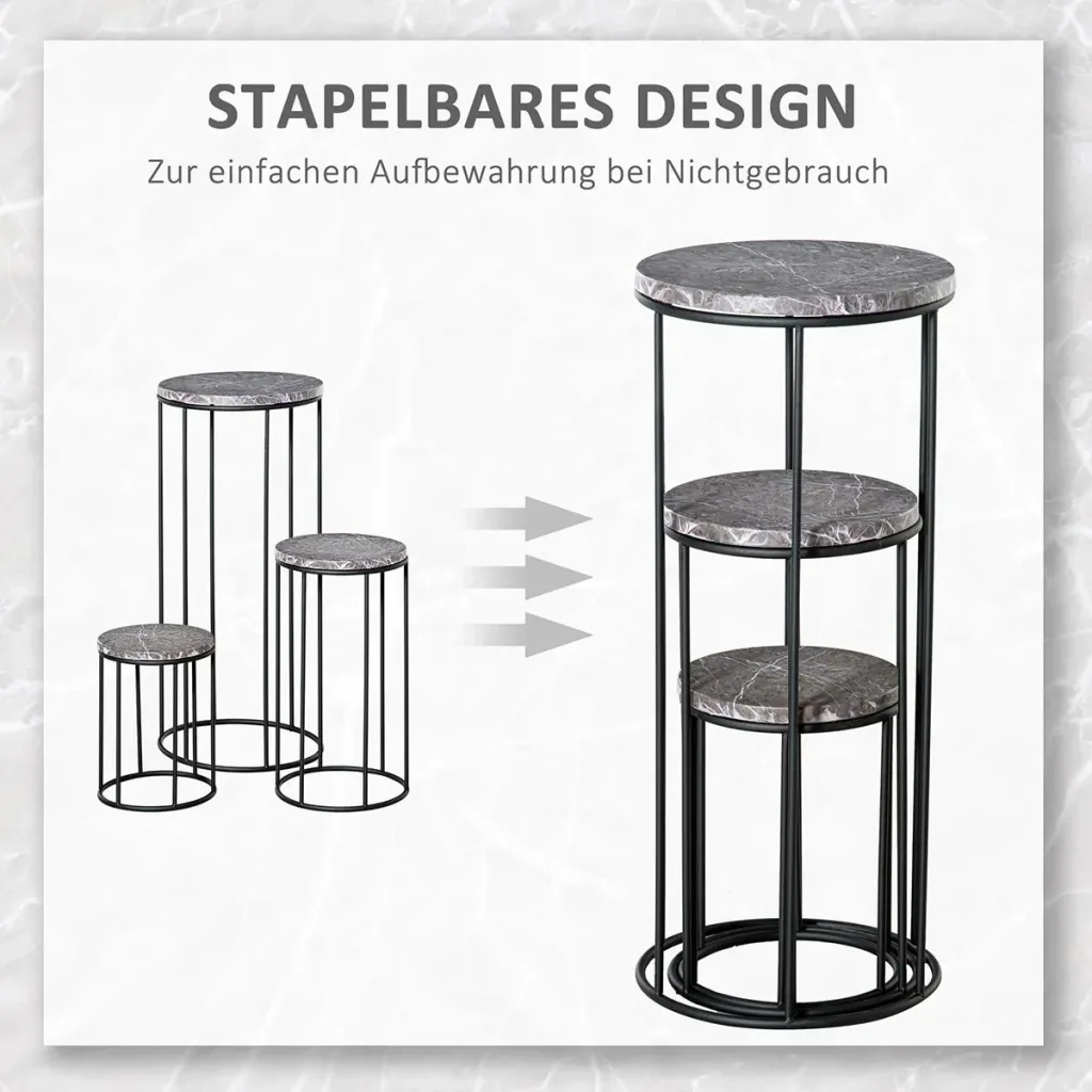 Blumenständer 3er Set aus Metall in Marmoroptik Stapelbar Pflanzenhocker für Blumentopf Schwarz+Grau