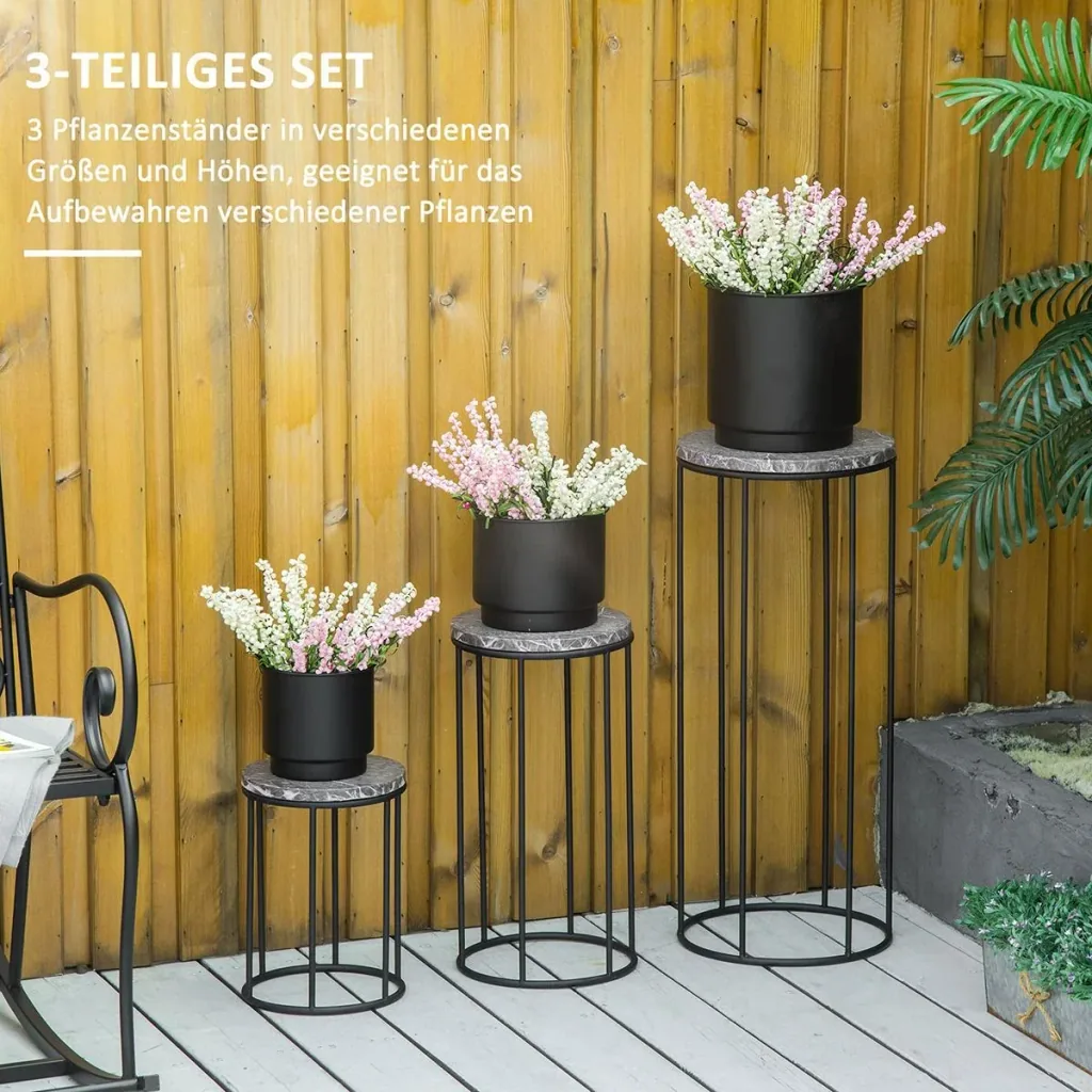 Blumenständer 3er Set aus Metall in Marmoroptik Stapelbar Pflanzenhocker für Blumentopf Schwarz+Grau
