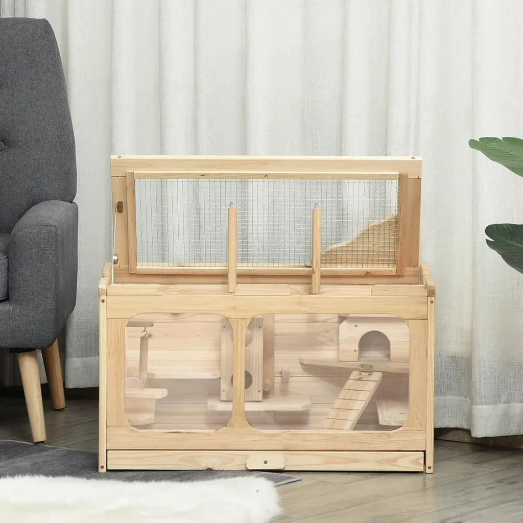 Hamsterkäfig Holz Nagerkäfig Mäusekäfig mit Rampe Schaukel Nagervilla Oben aufklappbar Massivholz PS Natur 78 x 40 x 44