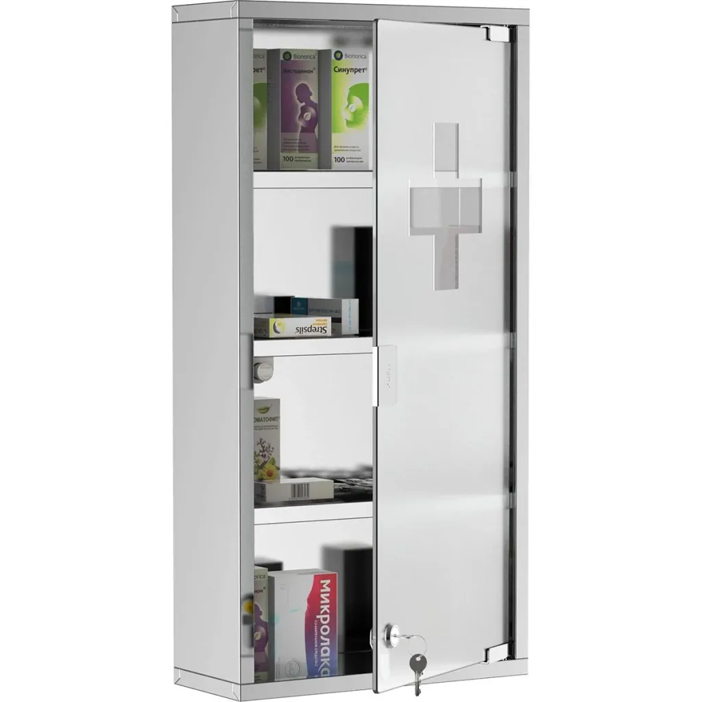 Medizinschrank mit 4 Fachböden silber