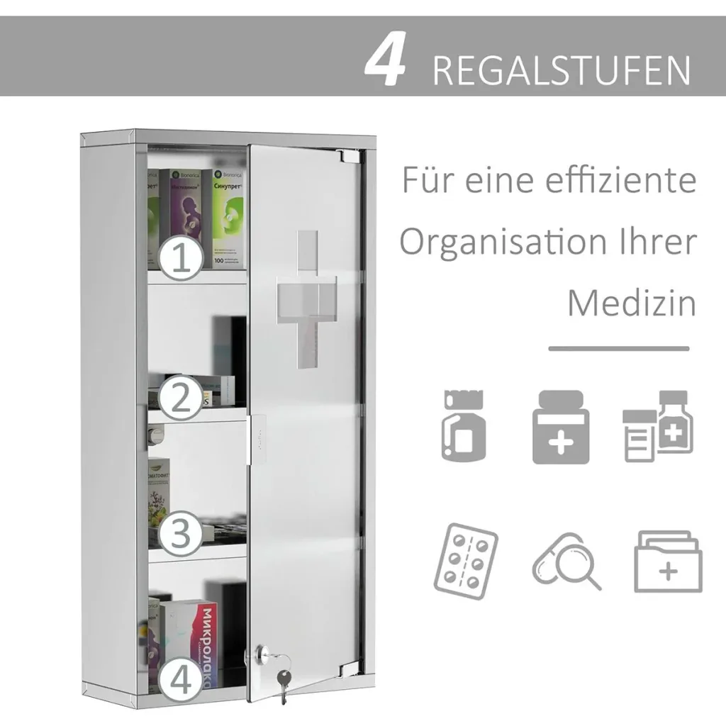 Medizinschrank mit 4 Fachböden silber
