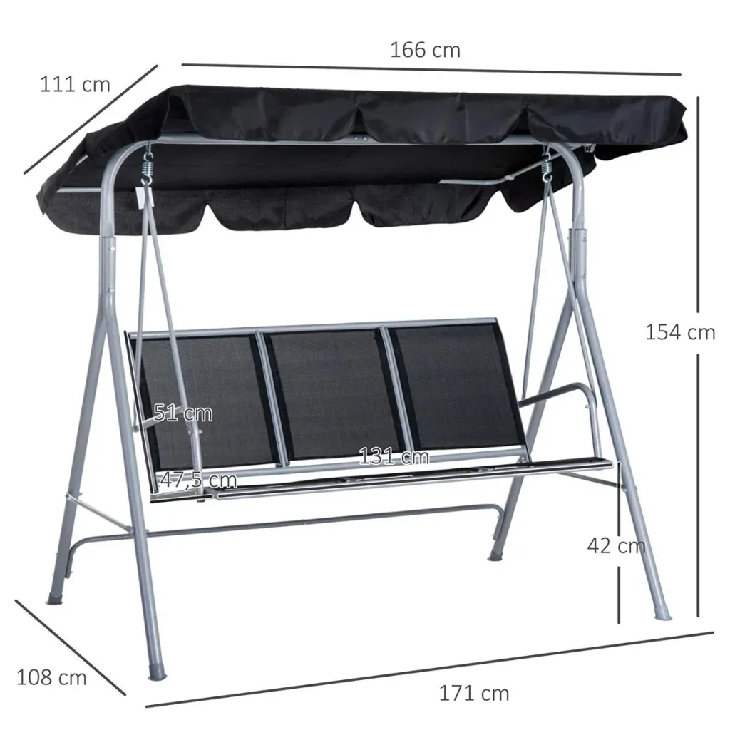Hollywoodschaukel 3-Sitzer Gartenschaukel Schaukelbank mit Dach Metall Schwarz+Silber 171 x 108 x 154 cm