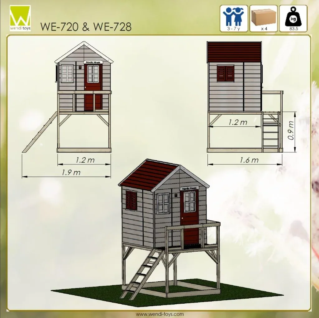 Wendi Toys Garten-Spielhaus „Storch“, Holz, Rot/ Natur, 160 x 190 x 242 cm