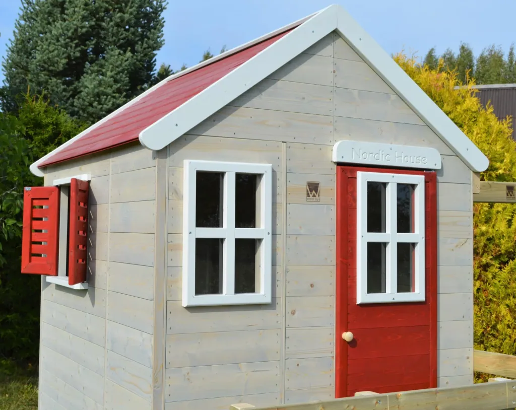 Wendi Toys Garten-Spielhaus „Storch“, Holz, Rot/ Natur, 160 x 190 x 242 cm