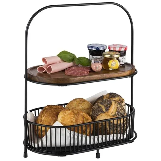 Etagere, 2-stufig, "ALL-ROUNDER": Gestell aus Metall, 2 Körbe aus Metall, 2 Servierbretter aus Akazienholz