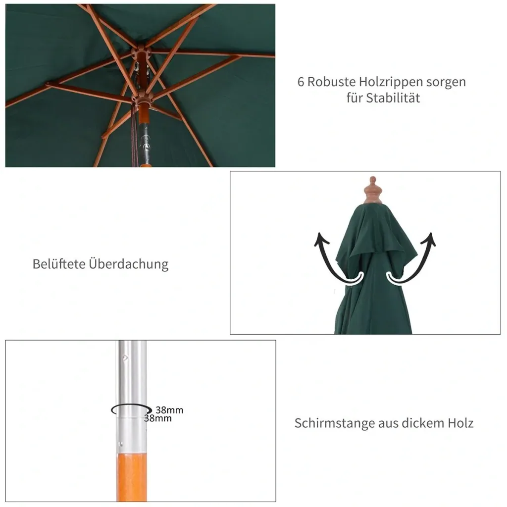 Sonnenschirm Knickbarer Gartenschirm Strandschirm 3-stufig einstellbar Tannenholz+Polyester Grün 200 x 150 x 230 cm