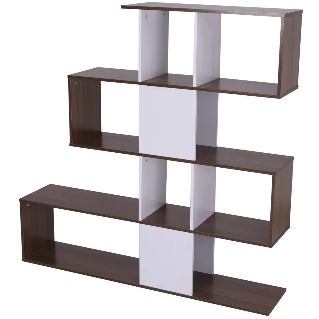 Bücherregal Holz Wandregal Raumteiler S-Form 4 Fächer Weiß+Braun