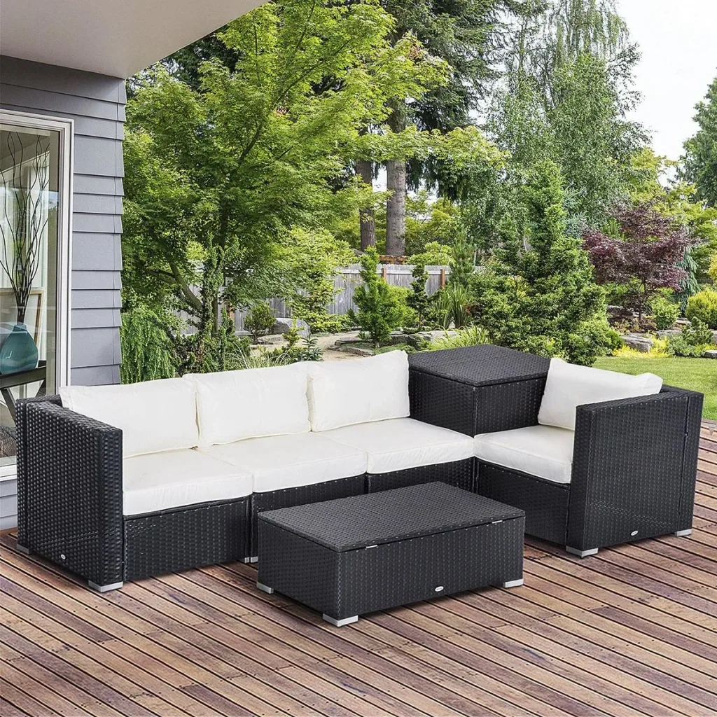 6-teiliges Polyrattan-Gartenmöbelset mit Kissen, Lounge-Tisch mit Ablage, Stahl, luxuriöses Schwarz und Creme