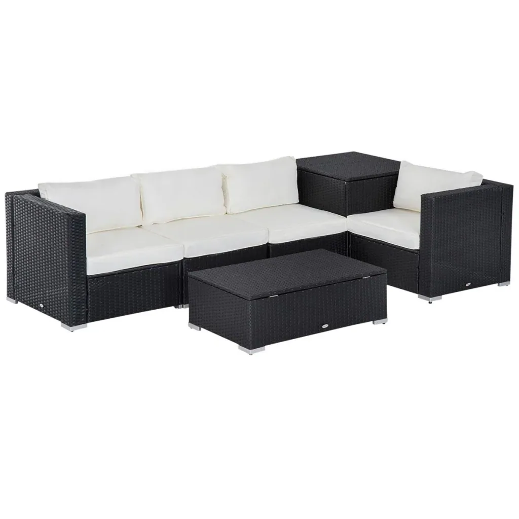 6-teiliges Polyrattan-Gartenmöbelset mit Kissen, Lounge-Tisch mit Ablage, Stahl, luxuriöses Schwarz und Creme