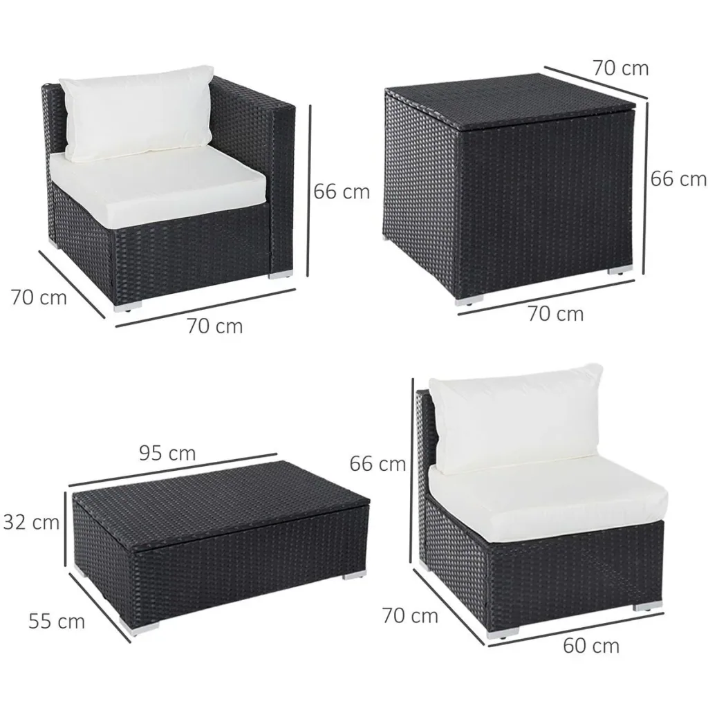 6-teiliges Polyrattan-Gartenmöbelset mit Kissen, Lounge-Tisch mit Ablage, Stahl, luxuriöses Schwarz und Creme